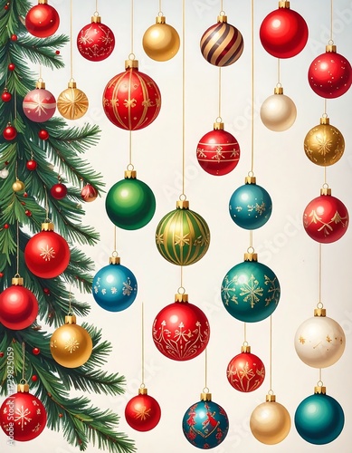 Wallpaper Mural Festive Christmas ornaments hang against a light background, next to a decorated evergreen branch Torontodigital.ca
