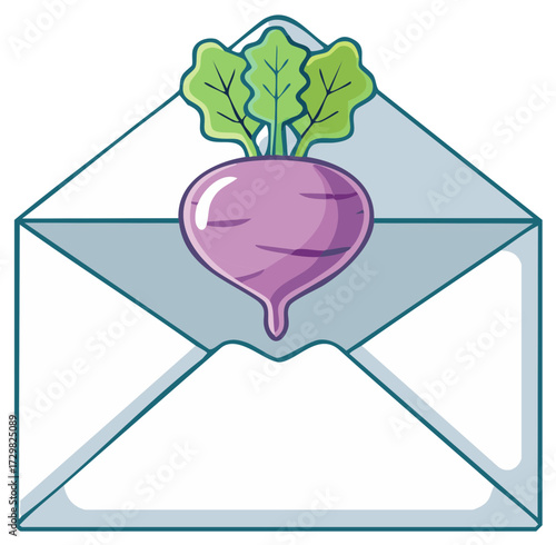 Stylized purple beet with green leaves emerging from an open white envelope