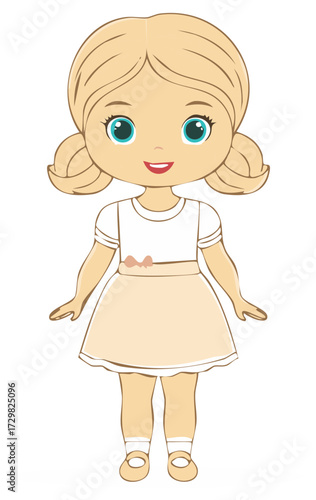 Cute little girl illustration with blonde hair and dress, cartoon doll full body portrait