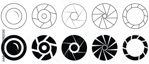 Set of camera lens icons. Focus zoom abstract graphic symbols shutter aperture vector icon of film camera.