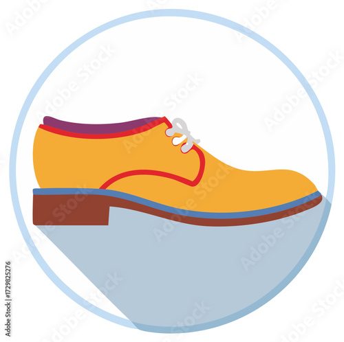 Illustration of a men's formal shoe with a colorful design. Side view, in a blue circle.