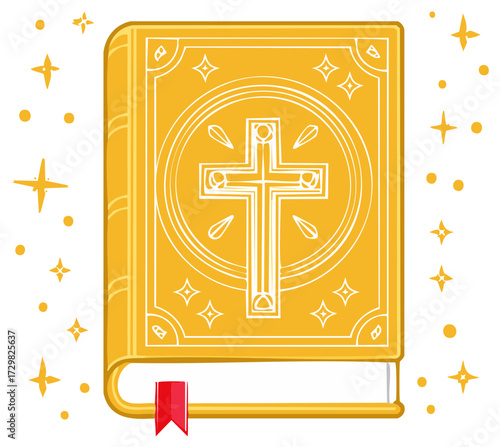 Spiritual Golden Book with Elaborate Cross Motif, Red Bookmark, and Glowing Stars