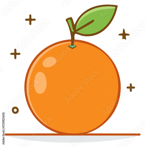 Orange fruit illustration with green leaf and artistic elements
