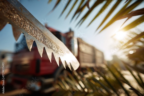 Detailed Saw Blade, Blurred Truck Background, Palm Leaves, Sunlight, Close-up, Industrial Tool.
