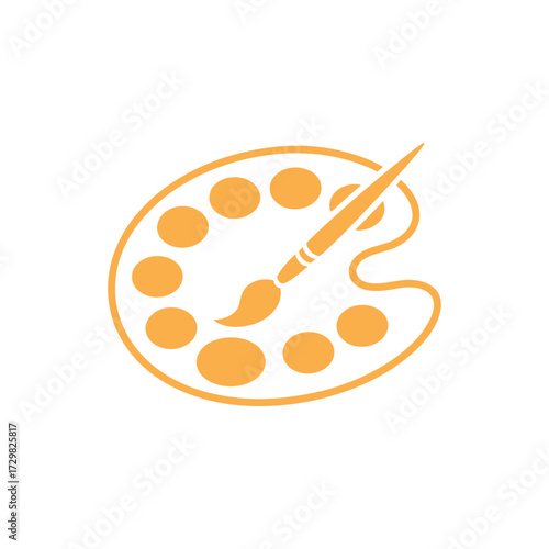 Orange Paint Palette with Brush on White Background Art Supplies Icon Design