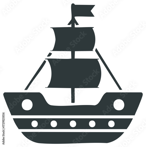 Simple dark silhouette icon of a historic sailing ship with mast, sails, and flag representing sea travel and adventure