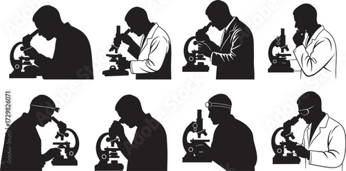 Microscope silhouette collection, scientific research, lab workers, medical analysis, black and white vector, science equipment, laboratory people, academic study, discovery