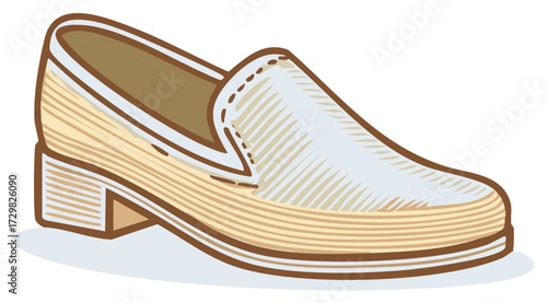 Classic leather loafer shoe with block heel in a retro hand-drawn illustration style