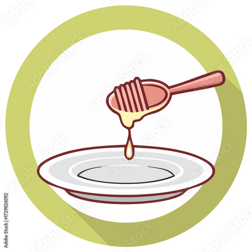 Cartoon illustration of honey dripping from a wooden dipper onto a plate