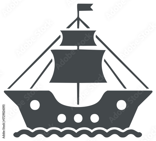 Ancient sailing ship icon navigating wavy ocean waters