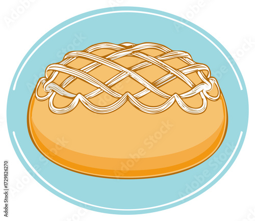 Delicious sweet pastry bun with white icing lattice design cartoon icon
