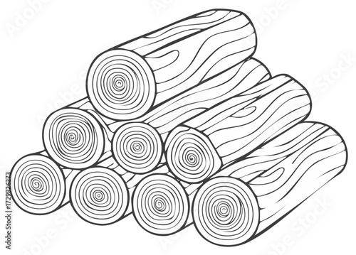 Pyramid stack of chopped firewood logs in a black and white coloring book outline style vector illustration