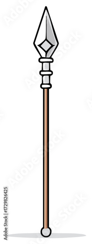 Simple cartoon style illustration of a metal tipped spear with a wooden shaft standing vertically