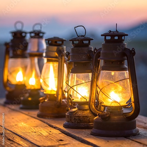 Wallpaper Mural Five antique oil lamps glow warmly on a wooden surface at sunset Torontodigital.ca