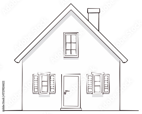 Simple Sketch of a House with Windows and Chimney