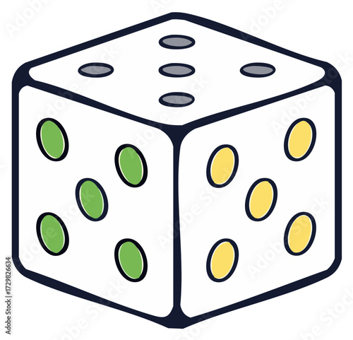 Colorful Six-Sided Dice with Various Dot Colors Illustrating Chance and Games of Luck and Strategy for Recreational Pursuits