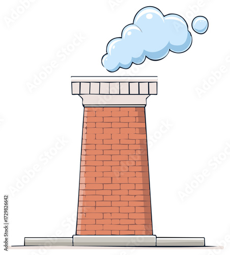 Cartoon red brick tower emitting a cloud of blue smoke and bubbles