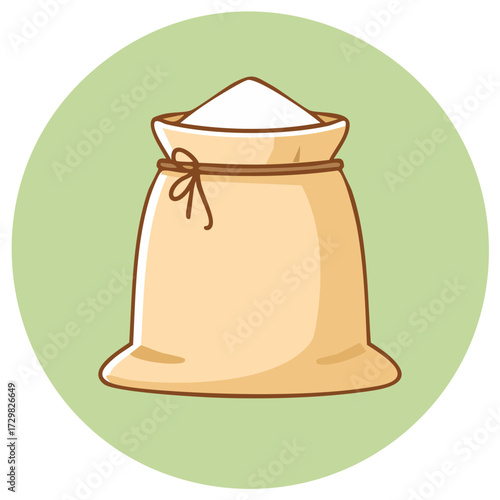 Cartoon burlap sack filled with white powder or flour tied with rope on light green circle background