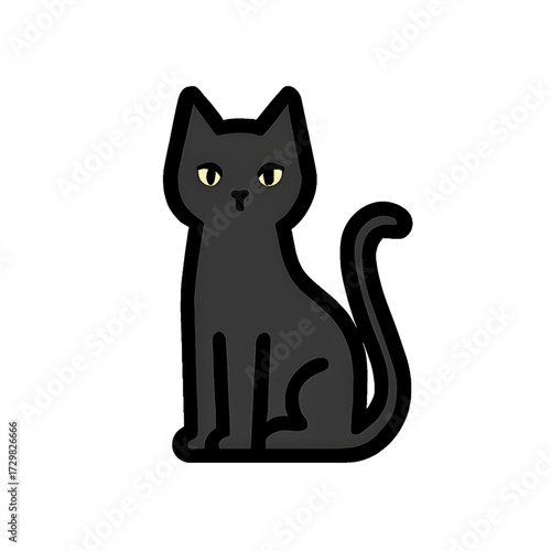 Flat Outline Vector Illustration of Black Cat Sitting