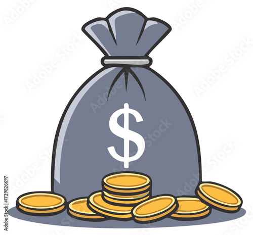 Money bag with dollar symbol and stacked coins vector graphic illustration