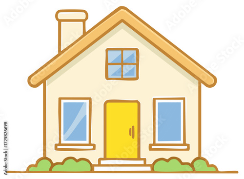 Stylized House Illustration with Windows, Yellow Door, Bushes, and Chimney
