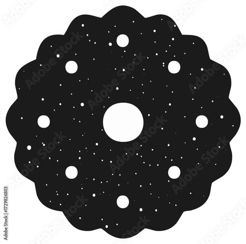 Abstract black floral shape with white stars and moon, a celestial inspired decorative graphic icon