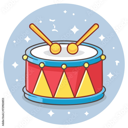 Cartoon drum illustration with drumsticks and a sparkling effect