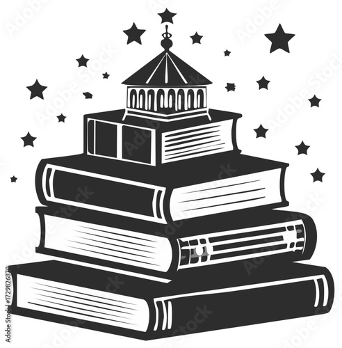 Stacked books with gazebo on top surrounded by stars, illustration in grayscale.