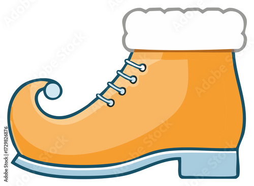 Whimsical orange elf shoe with curled toe and white fluffy trim