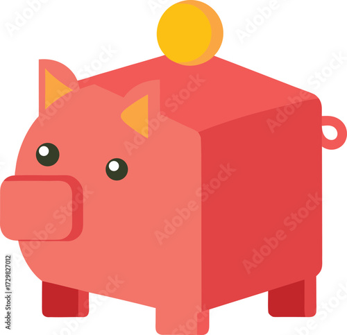 Illustration of a Chunky Piggy Bank Shaped Like a Box with a Coin Ideal for Financial Concepts or Children s Savings Themes in CMYK Colors