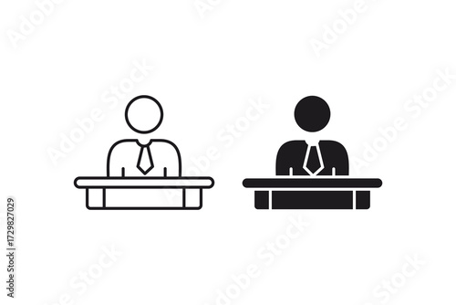 Executive icon with two stylized figures presenting at a podium, ideal for leadership representation. Suitable for business presentations and leadership concepts.