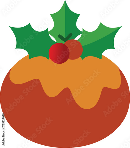 Vector illustration of a Christmas pudding with a sprig of holly on top created in Adobe Illustrator featuring CMYK colors and Helvetica and Courier fonts