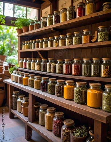 Wallpaper Mural Rustic Wooden Shelves Displaying Assorted Spices in Glass Jars, Warm Lighting. Torontodigital.ca