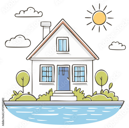 Charming cartoon house with blue door, trees, and sunny sky over water