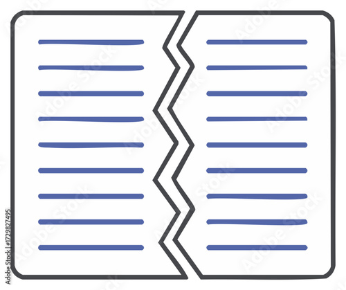 Torn document paper with zigzag rip and blue text lines representing separation or contract termination