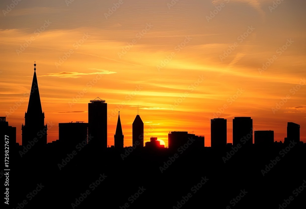 Fototapeta premium Silhouetted New Orleans skyline at sunset, iconic architecture against vibrant sky, southern usa, gulf coast