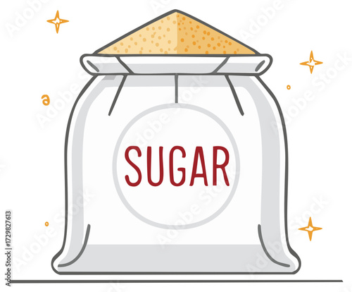 Clean illustration of a white sack full of brown sugar labeled SUGAR a sweet food ingredient