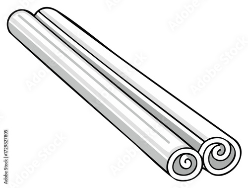 Two rolled cinnamon sticks, isolated on white, illustrating warm spice and flavor for culinary uses and baking.