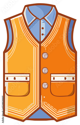 Orange Vest Over Blue Shirt Illustration with Pockets and Buttons Fashion Design Apparel