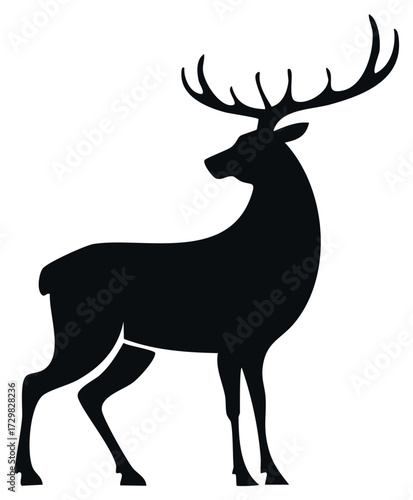 Elegant black stag silhouette vector illustration featuring majestic antlers standing gracefully profile view wildlife creature