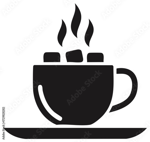 Steaming coffee or tea with marshmallows graphic icon. Hot drink silhouette.