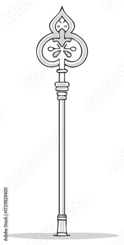 Illustration of a silver scepter featuring an ornate spade design for heraldry or royal symbols