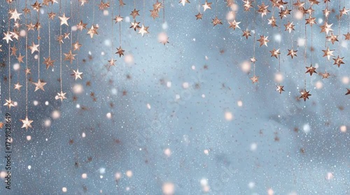 Winter blue glitter background with rose gold stars hanging, holiday festive scene
