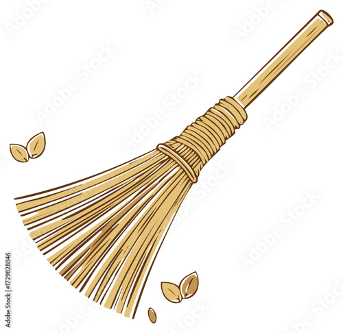 Stylized Broom with Scattered Grain Illustration for Cleaning Home or Fall Harvest