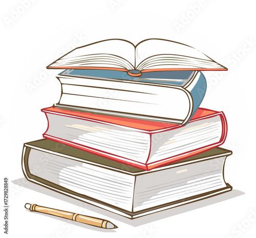 Stack of illustrated books with an open book on top and a pen
