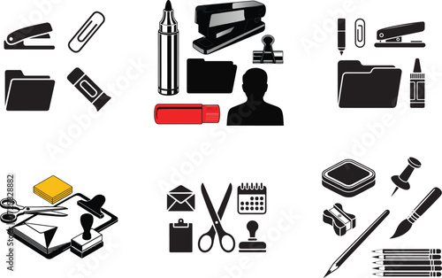 Office supplies stationery icons stapler paperclip