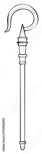 Ancient Egyptian pharaoh's crook scepter symbol of royalty black and white line art illustration