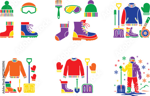 Winter clothing and snow gear icons boots