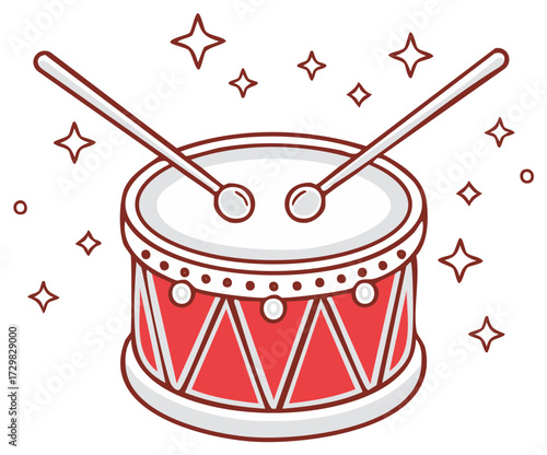 Playful red musical drum with drumsticks and bright star sparkles illustration