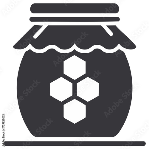 Monochrome glyph icon of a traditional honey jar with a honeycomb symbol